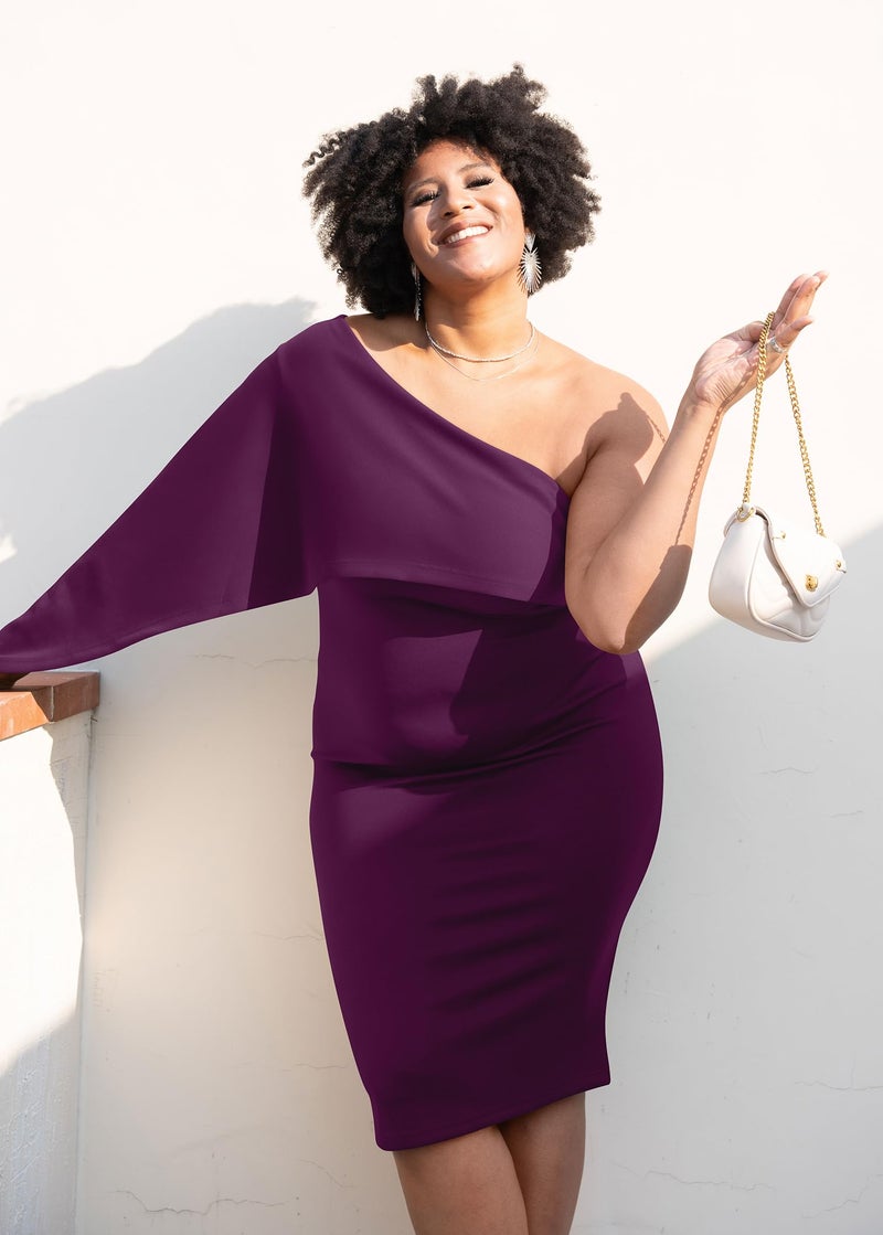 GOBLES Women's Summer Sexy One Shoulder Ruffle Bodycon Midi Cocktail Dress Purple - Image 3